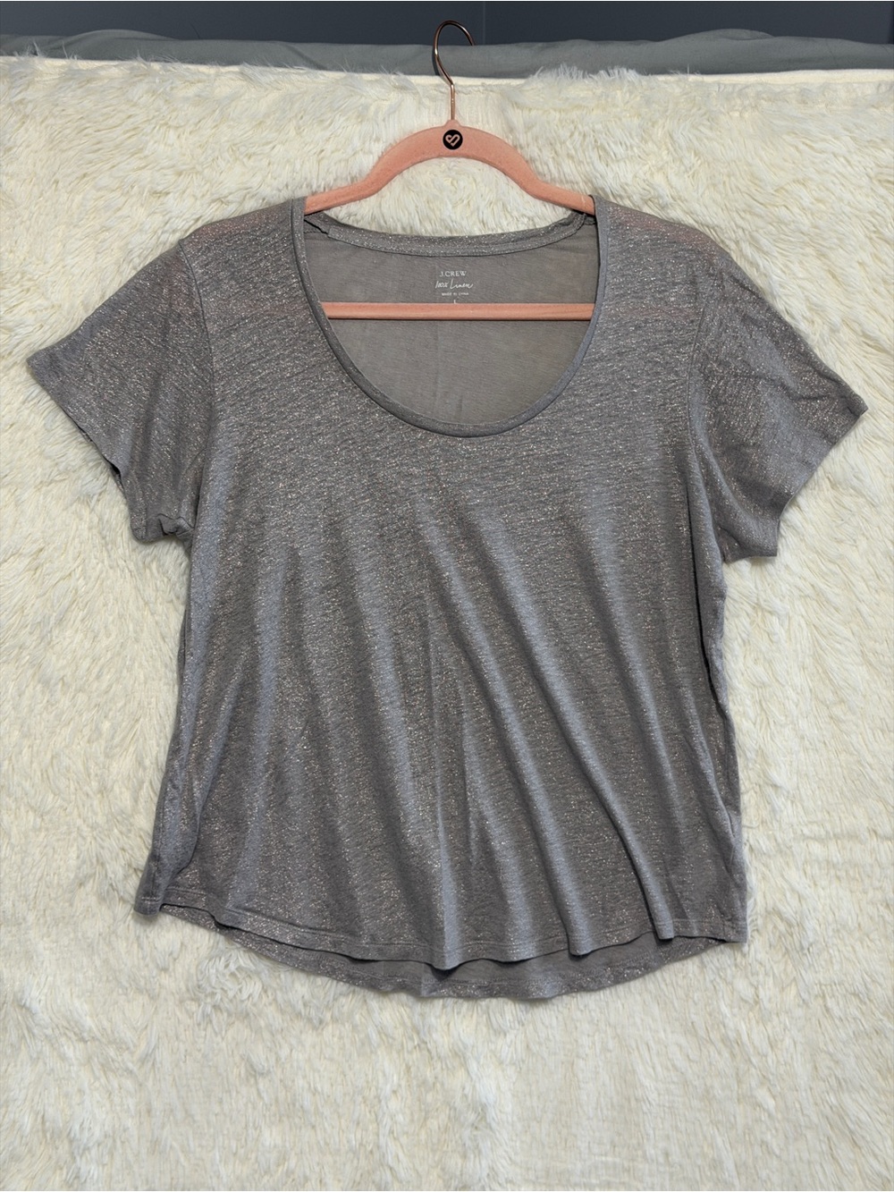 J. Crew Womens Metallic Linen Short Sleeve Top Size L Grey Layers Silver Shimmer